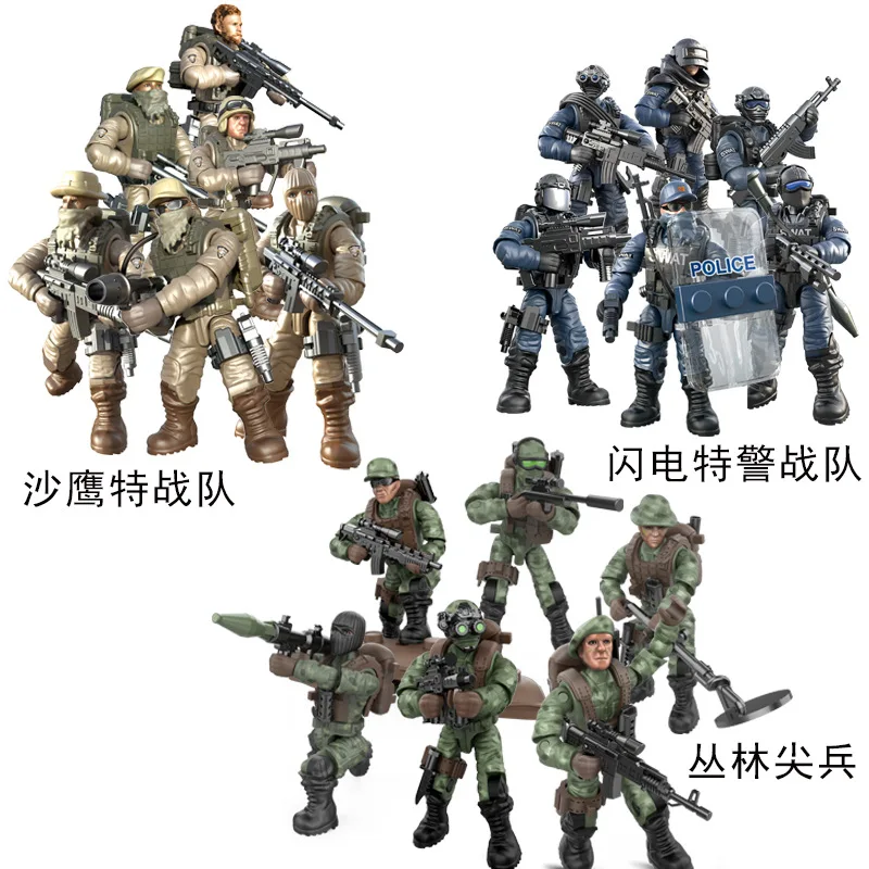 6 шт./компл. солдат спецназа строительные блоки кирпичи военные фигурки оружие