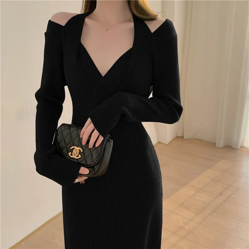 Осенне-зимнее трикотажное платье Женский вечерний пуловер с открытыми плечами и