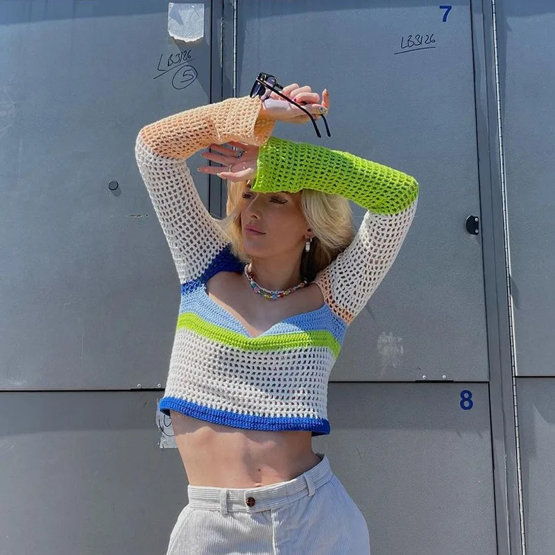 

Long Sleeve Crop Top Knit Women Patchwork Y2K Autumn Hollow Out 90s Casual T Shirts Sexy Fashion Vintage