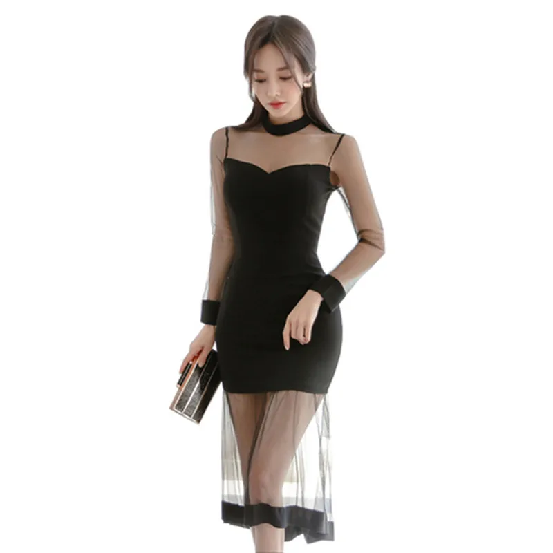 Summer Fashion Week New Women's Sexy Hollowing Out Mesh Patchwork Dress Women Grace Long Sleeves Slim Tight | Женская одежда