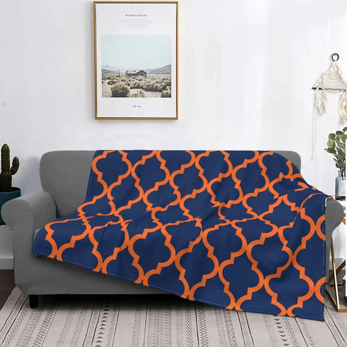 

Manta térmica de lino y algodón con estampado marroquí, manta a cuadros para cama, color naranja y azul marino, 1 unidad