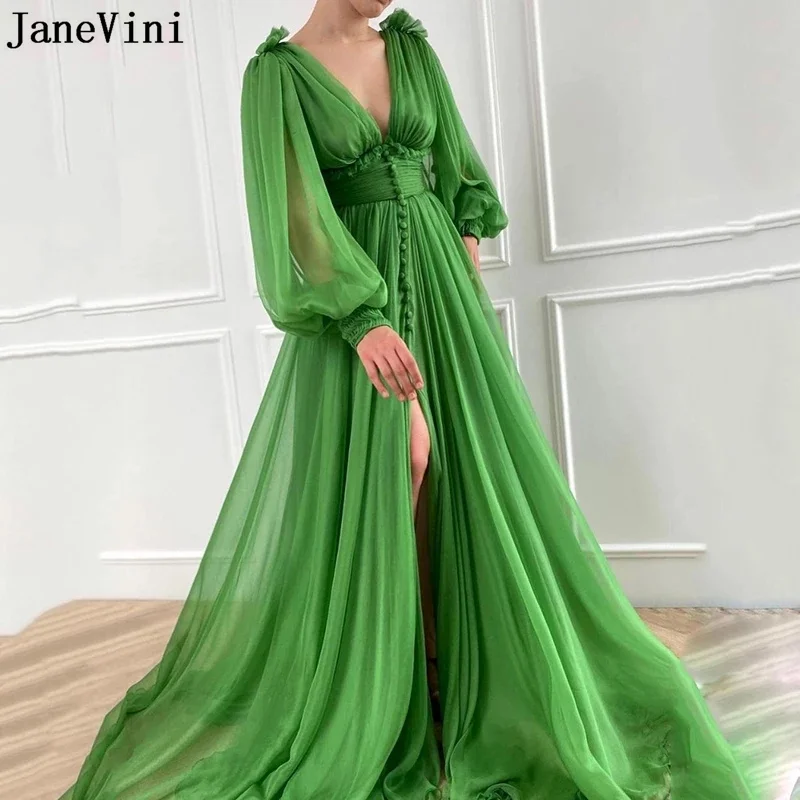 

JaneVini Sexy V-Neck Women Green Evening Dresses Plus Size Long Chiffon High Split Button Lantern Sleeve Prom Party Formal Gowns