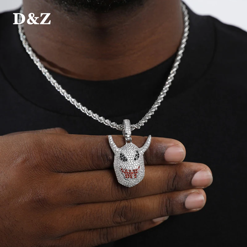 

D&Z New Full Iced Out Micro Pave Demon ShapeFairy Necklace Iced Cubic Zirconia Little Devil Pendant Chains Jewelry Women Men