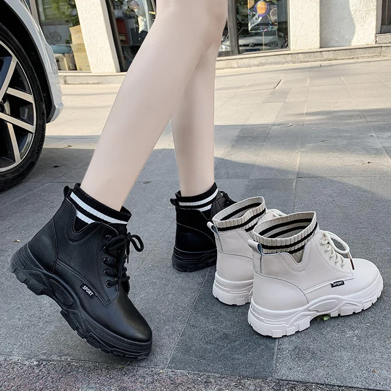 

Women's Female ladies woman Ankle Boots Winter Spring Leather Lace Up Shoes Punk Plus fur warm casual Riding Equestr Botas Mujer