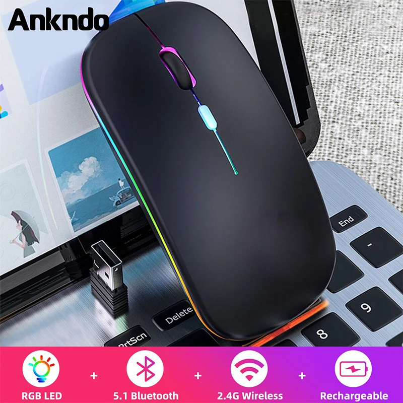 

ANKNDO Bluetooth Mouse RGB Rechargeable Wireless Mouse For PC Laptop Computer Silent Mause USB Mous Ergonomic Gaming Mouse Mice