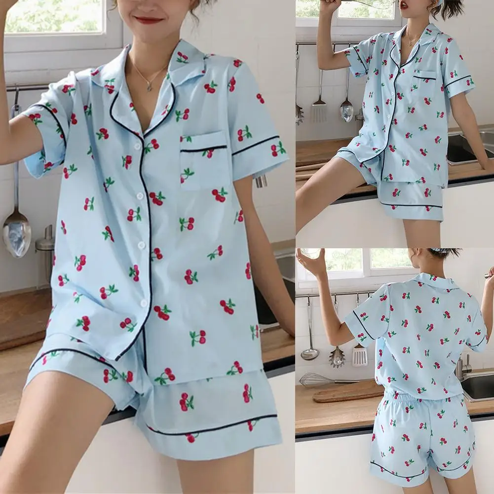 

2Pcs Summer Short Pajama Sets Women Sleepwear Turn Down Collar Ladies Short Sleeve Top Hot Shorts Pajama Sets Women Homewear