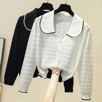 autumn knitted sweaters female cardigan hollow peter pan collar sweet outwear woman sweater white black ropa mujer invierno 2021