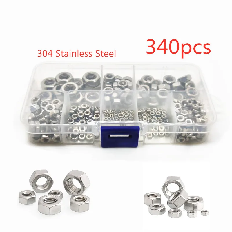 

320Pcs DIN934 M1.6 M2 M2.5 M3 M4 M5 M6 M8 304 Stainless Steel Hex Nut Assortment Kit Hexagon Nuts Metric Thread Assortment Kit