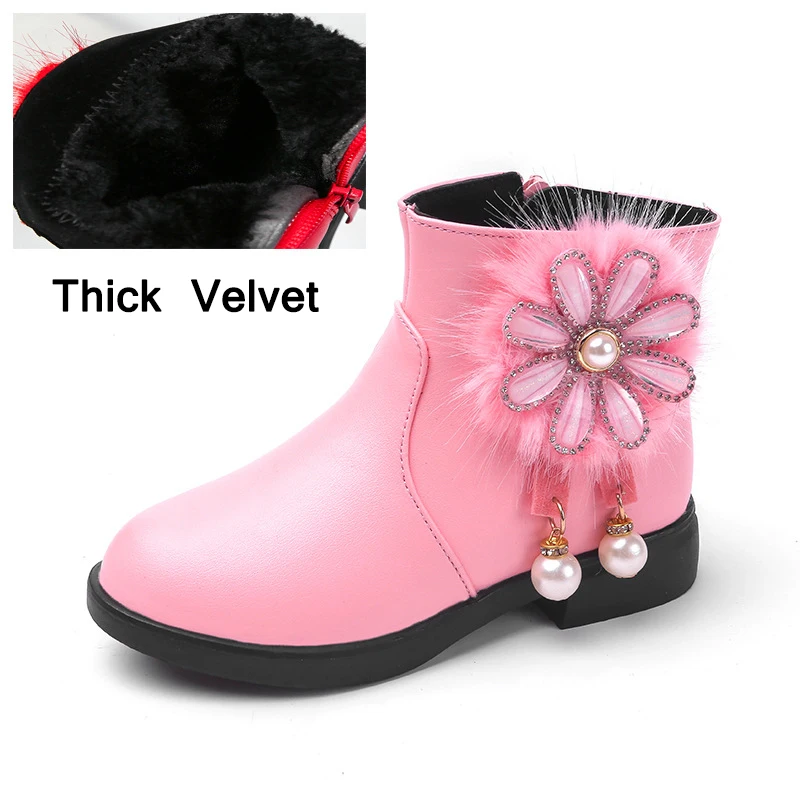 Thick velvet Pink Новинка года; детская обувь; сапоги Martin для девочек; сезон осень-зима; кожаная обувь со стразами и цветком для девочек; бархатные теплые детские сапоги - Цвет: Thick velvet Pink
