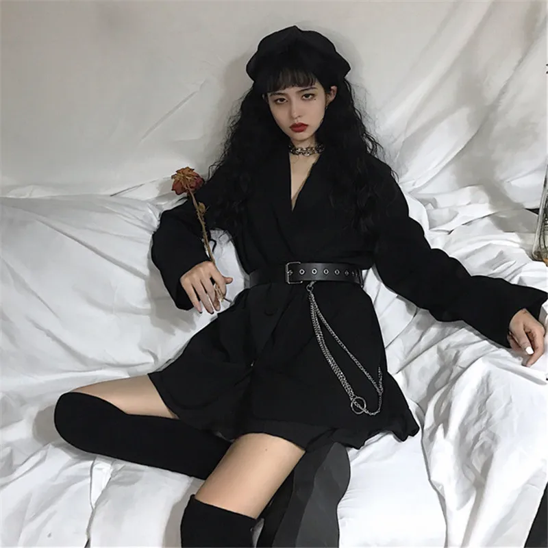 Женский винтажный блейзер с длинным рукавом черный свободный пиджак в стиле