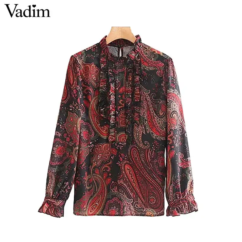 Vadim Женская Ретро блузка с оборками принтом длинным рукавом воротник рубашки