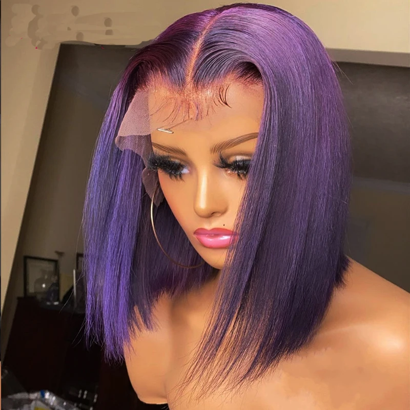 Purple Color Wig Short Bob Lace Patrt Human Hair Wigs Pre Plucked Colored lace  Wigs for Women Remy Brazilian Hair