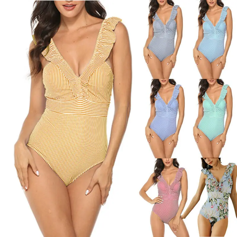 

Women V Neck Monokini Ruffle Padded Bikini Beach Swimsuit Bathing Suit Swimwear