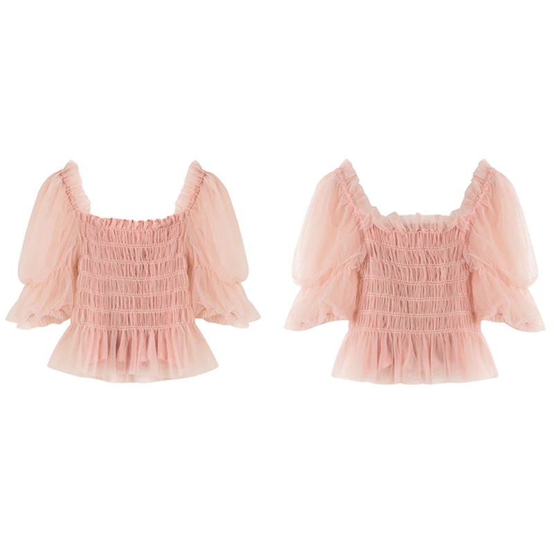 

Summer New French Off Shoulder Blouse Pleated Waist Puff Sleeve Thin Short Clothes Elegant Mesh Women Tops Blusas Mujer 10026