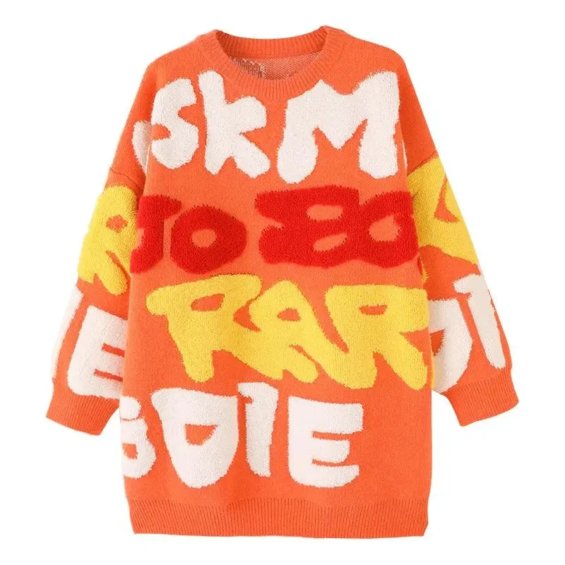 

Autumn Winter Thicken Warm High Quality Sweater Korean Style Loose Knitted Muilt-color Patchwork Pullovers Sweaters Street Style