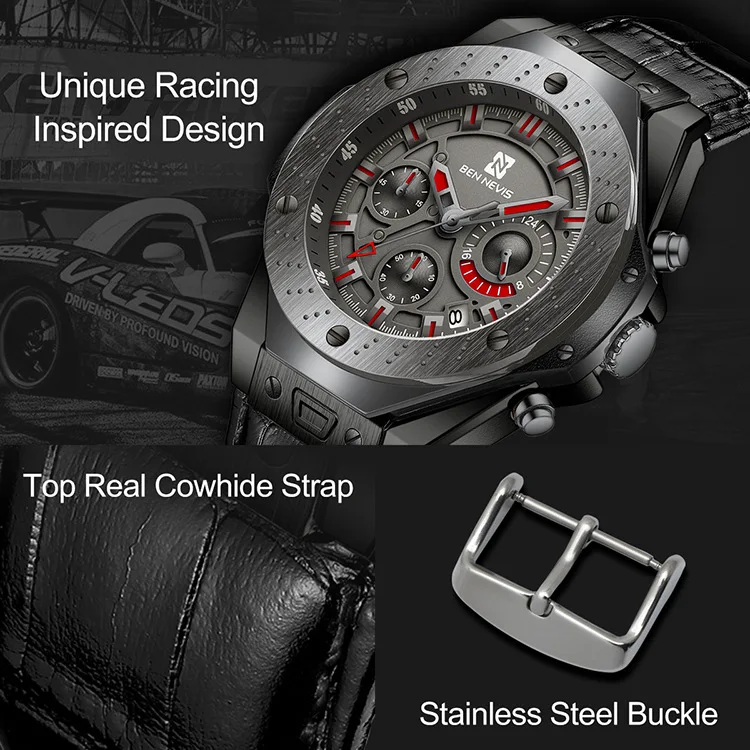 Модные часы с большим циферблатом мужские военные водонепроницаемые кожаные