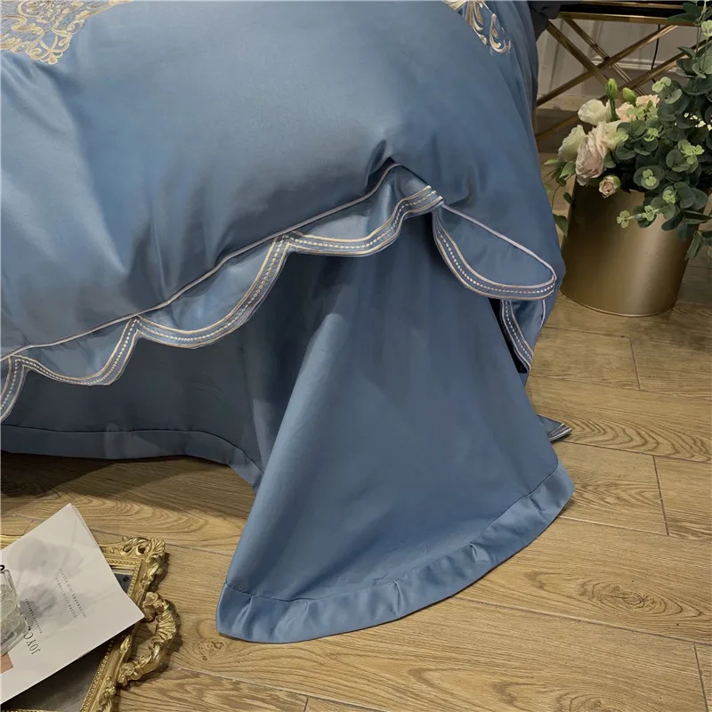 

Blue White Gray Pink Red 60S Satin Like Silk Cotton Bedding Set Gold Embroidery Duvet Cover Bed Linen Fitted Sheet Pillowcases