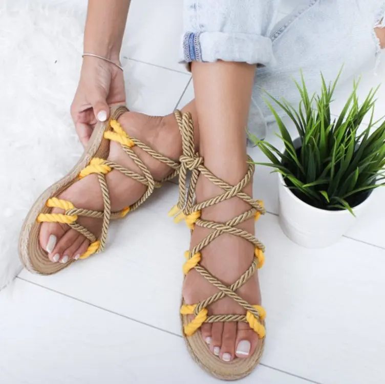 

Women Sandals 2020 Fashion Summer Shoes Woman Flat Sandals Hemp Rope Lace Up Gladiator Sandals Non-slip Beach Chaussures Femme