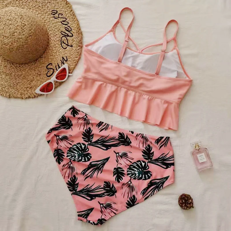 

Sexy Solid 2021 Bikini Set Two Piece Plus Size Swimsuit Women Ruffle High Waist Print Big Ladies Bathing Suit Beachwear 4XL