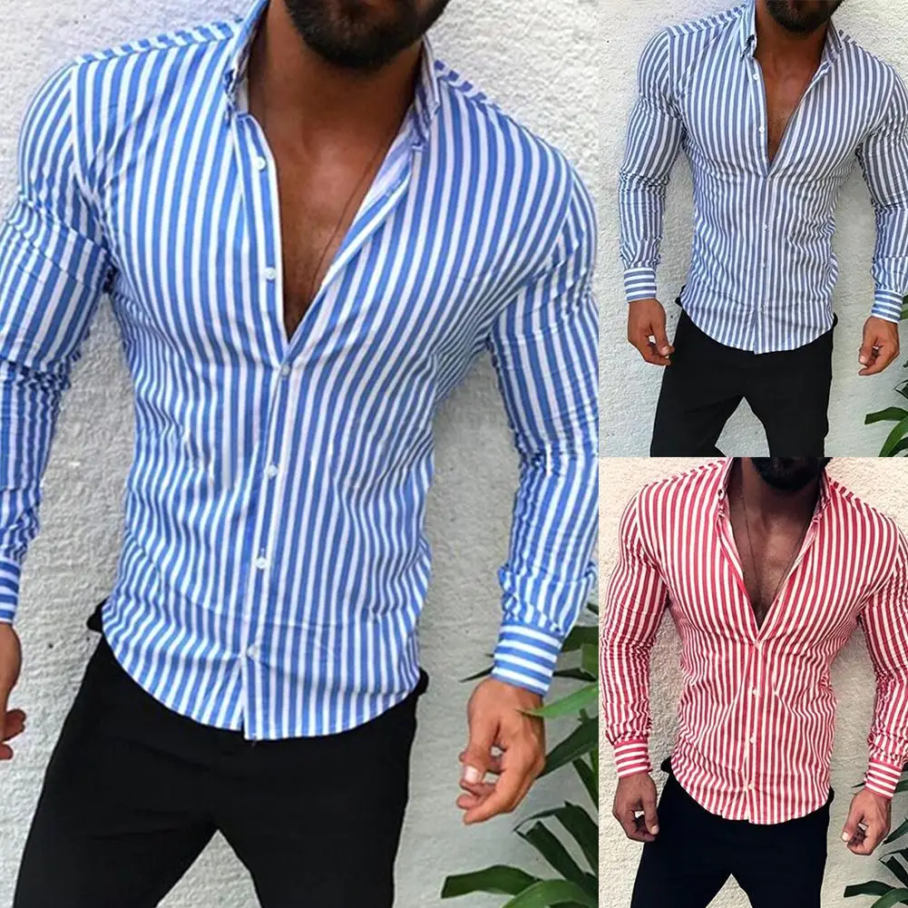 

Shirts Men Casual Turn Down Collar Long Sleeve Vertical Stripes Slim Buttons Shirt