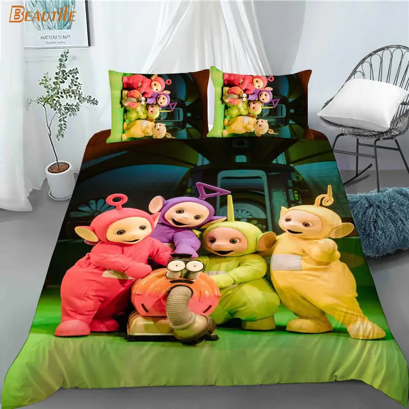Gran oferta de los Teletubbies animaci&oacute;n 1 edred&oacute;n 2 fundas de almohada de tela de poli&eacute;ster ropa de cama conjunto chico familia chico Set Duvet Cover Set-3