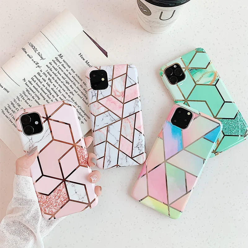 Роскошный Мраморный чехол для IPhone 11 12 Pro Max телефона силиконовый геометрический