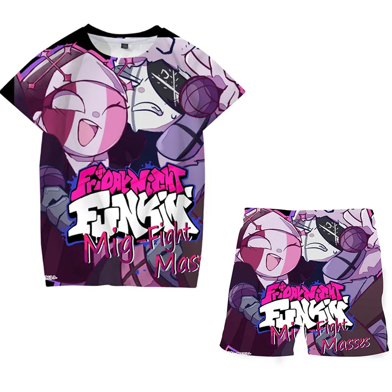 

2021Girls Summer Short Sleeve Suit Cartoon Friday Night Funkin 3D Children's T-shirt Fashion Shorts Casual Oversized 2 Piece Set