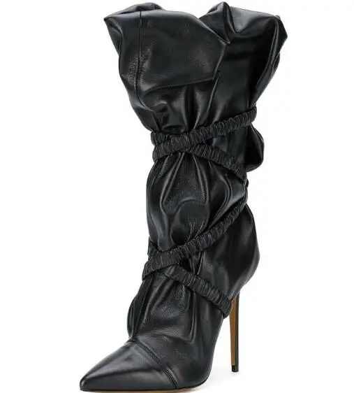 

Newest Winter New Black Pointed Toe Pleated Mid-calf Boots Woman Stiletto Heels Cross Ropes Short Boots Big Size 48