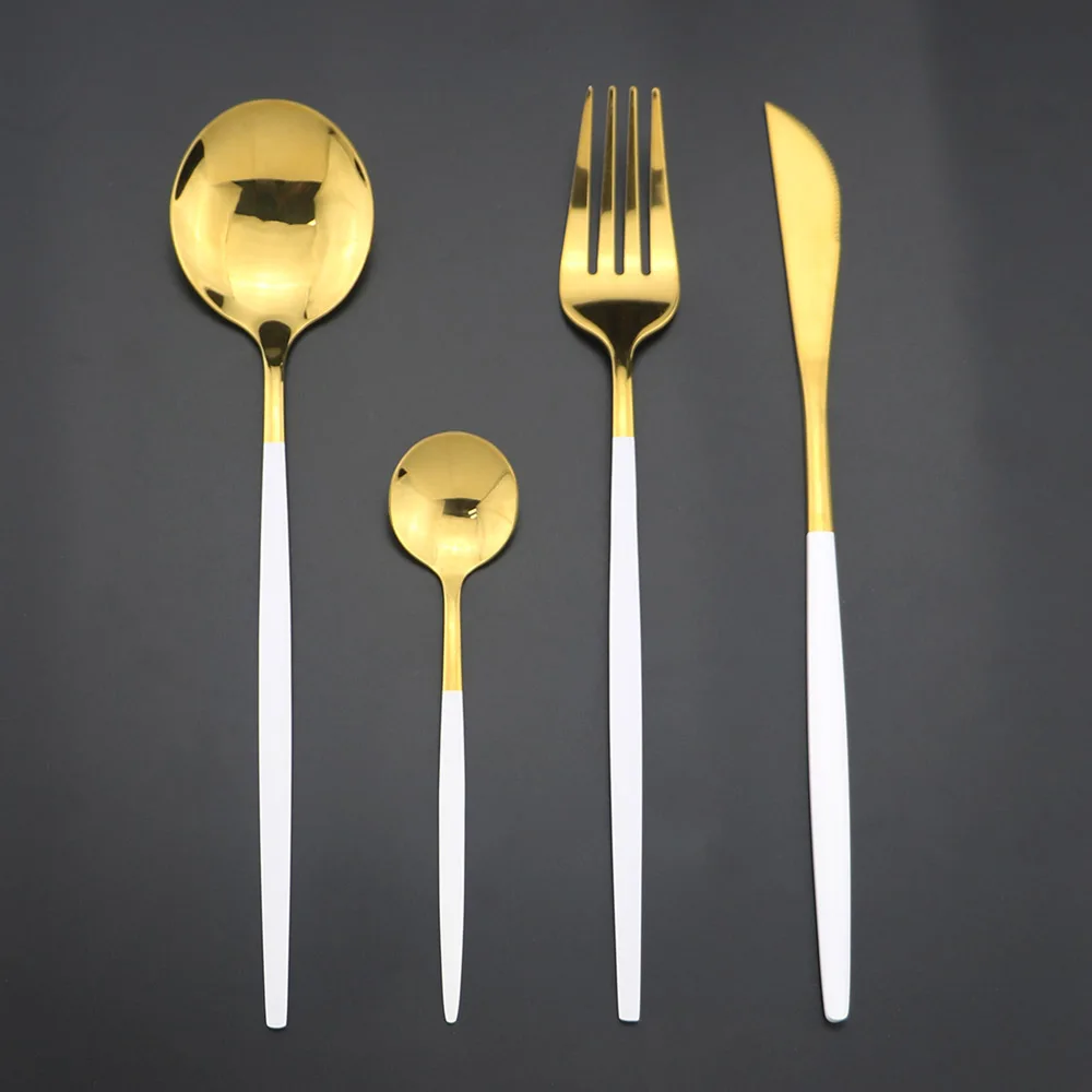 

32pcs Dinnerware Set White Gold Cutlery Set 18/10 Stainless Steel Knife Forks Spoons Dinner Set Kitchen Silverware Tableware Set