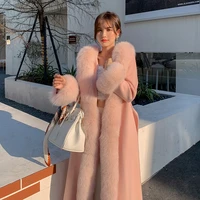 brand famous pink color long fashion real wool fox fur swing cape coat 100100 lamb wool outerwear