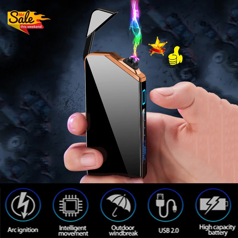 

Windproof Portable Mini Cool Double Arc Electric Lighter LED Lighting Flashlight USB Rechargeable Lighters Power Display Outdoor