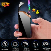 windproof portable mini cool double arc electric lighter led lighting flashlight usb rechargeable lighters power display outdoor