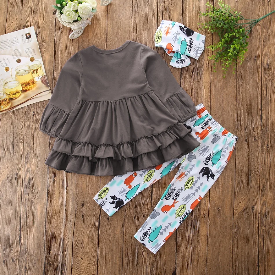 

2020 New Toddler Kids Baby Girls Clothes Sets Long Sleeve Top Ruffle Mini Dress+Print Leggings+Headband 3Pcs Outfits Set 1-6T