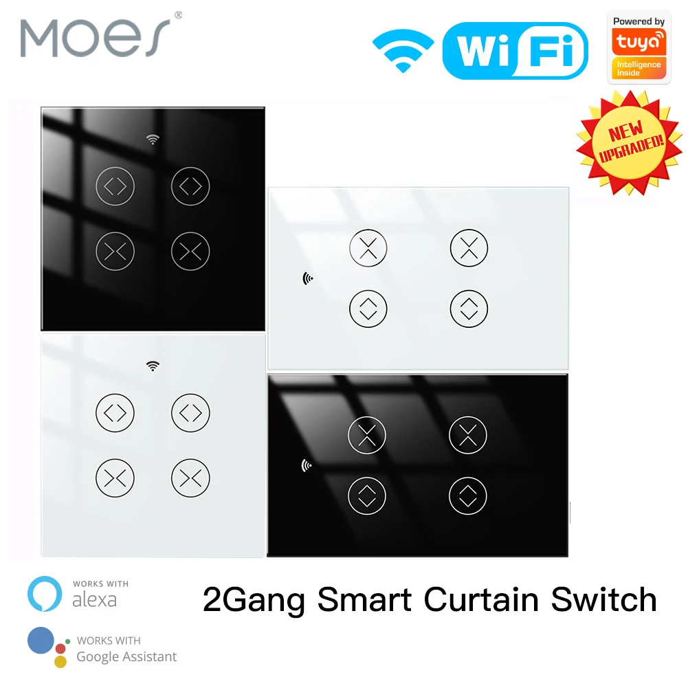 

Moes WiFi Smart Life Tuya 2 Gang Double Curtain Blind Switch for Roller Shutter Electric Motor With Google Home Alexa Voice