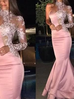 sexy pink appliques high neck long sleeve mermaid african evening dreses 2021 vestidos de feast lace prom froaml gowns customed