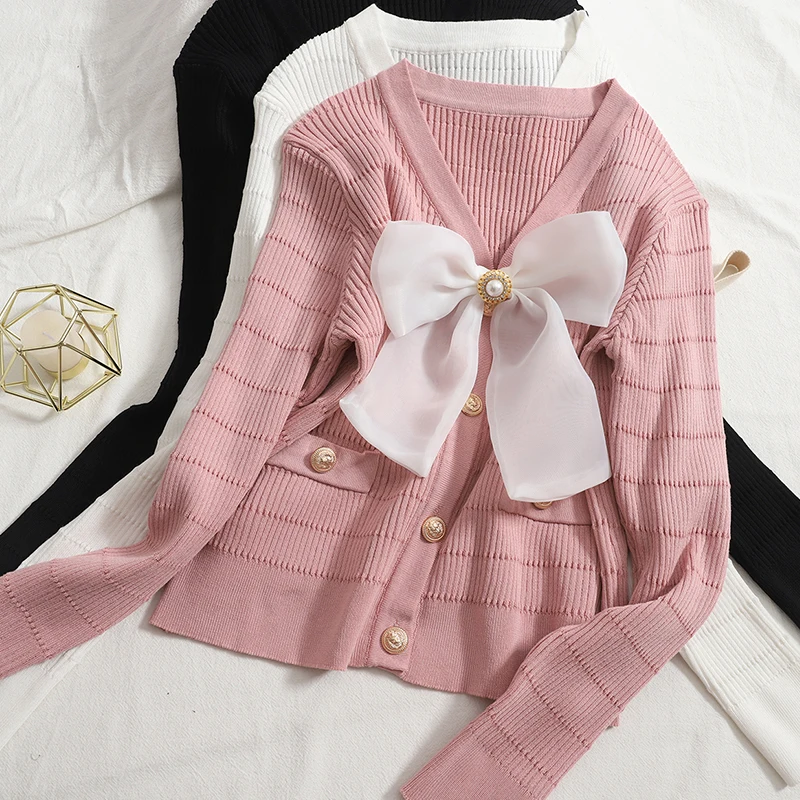 

Кофта женская трикотажная, с объемным бантом, осень 2021