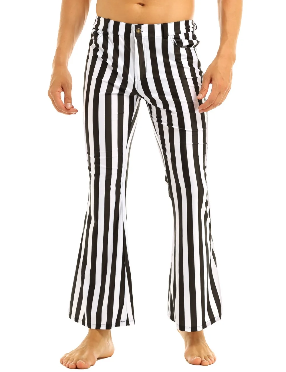 Adult Men Vintage Striped Long Pants Male Retro Mid Waist Elastic Flares Trousers Homme Party Stage Dance Costume Club Clothing