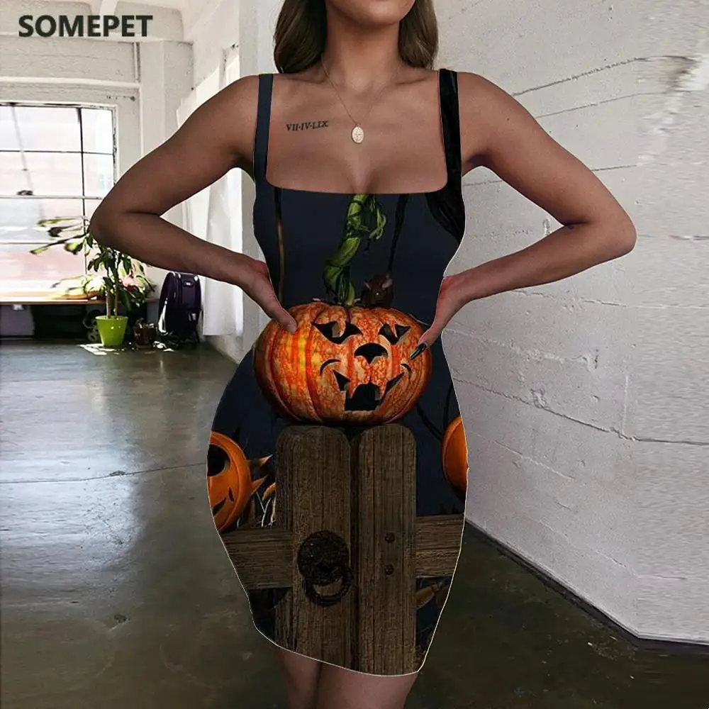 

SOMEPET Halloween Dress Women Pumpkin Vestido Sexy Night Halter Sleeveless Harajuku Ladies Dresses Womens Clothing Plus Size