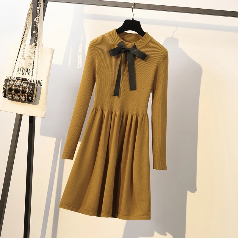 Женское осенне-зимнее платье большого размера с длинным рукавом и бантом |