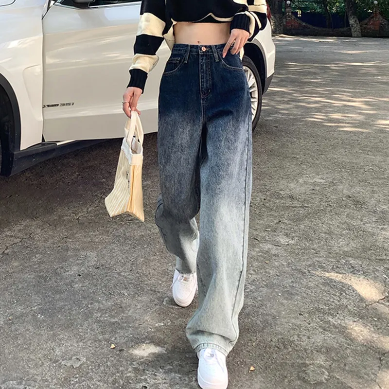 

Washed Gradient Denim Jeans Women's High-waisted Thin Loose Wide-leg Jeans Women High Waist Fashion Jeans
