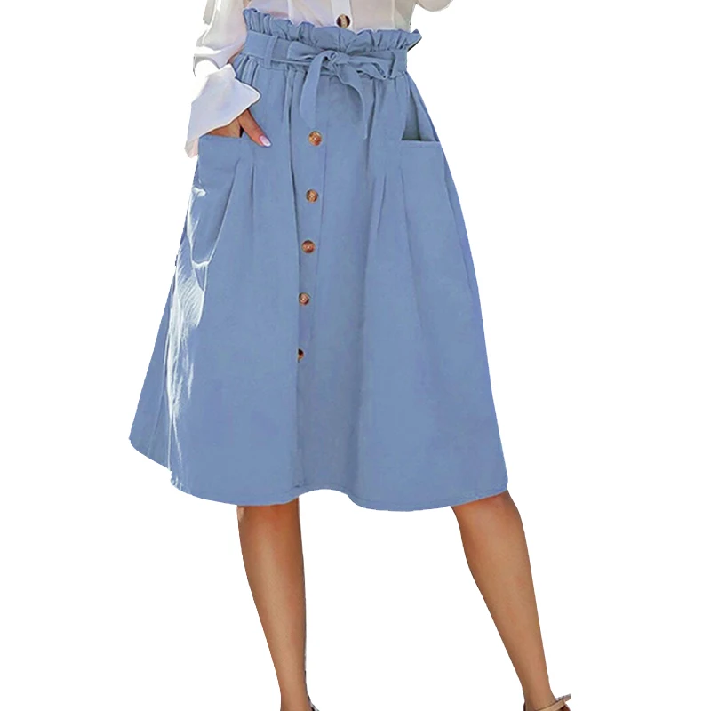 Fashion Women Casual Skirt Frily Ruffles High Waist Skirts For Woman Button Design Solid Color Bowknot Plus Size | Женская одежда