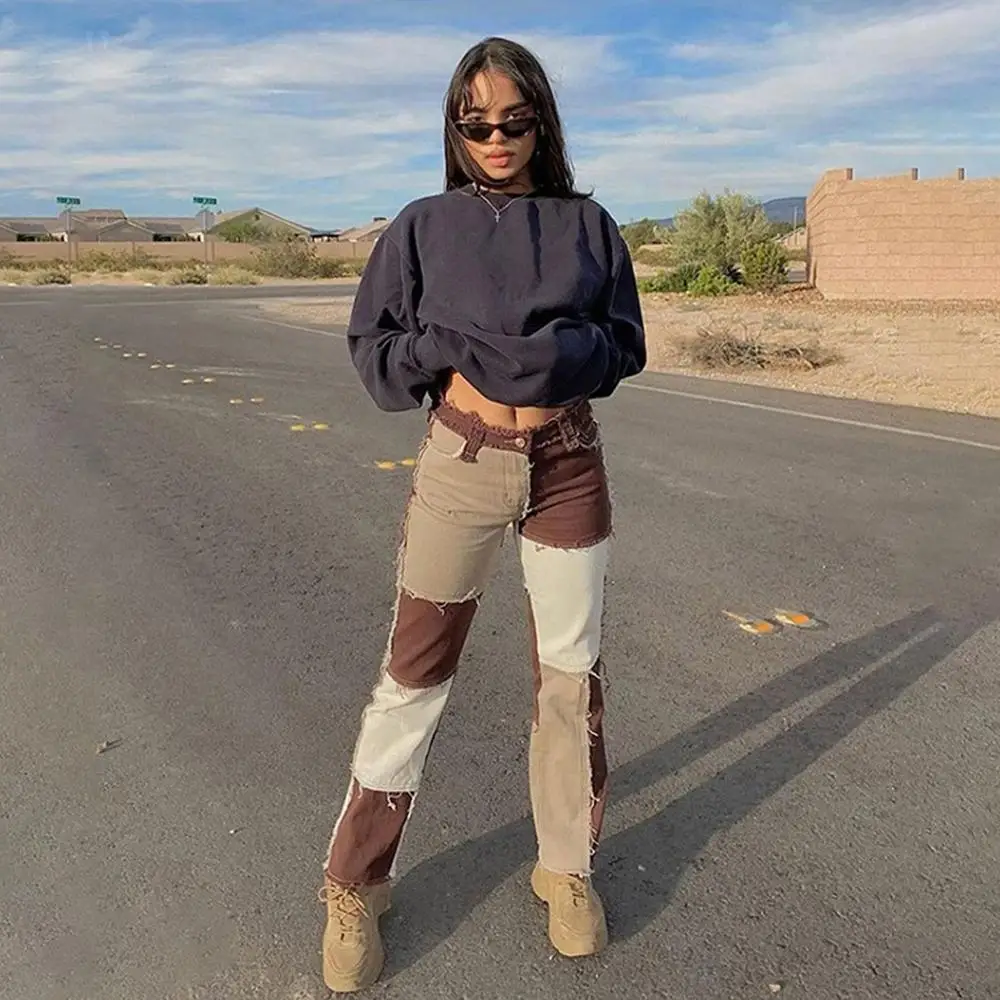 

Женские джинсы в ковбойском стиле, коричневые повседневные уличные прямые джинсы составного кроя в стиле хип-хоп с высокой талией, осень 2021
