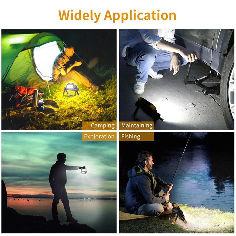 구매 150W USB 충전 작업 조명 2000lm 접이식 회전 야외 휴대용 더블 헤드 COB 낙하 방지 홍수 빛 탐조등 캠프