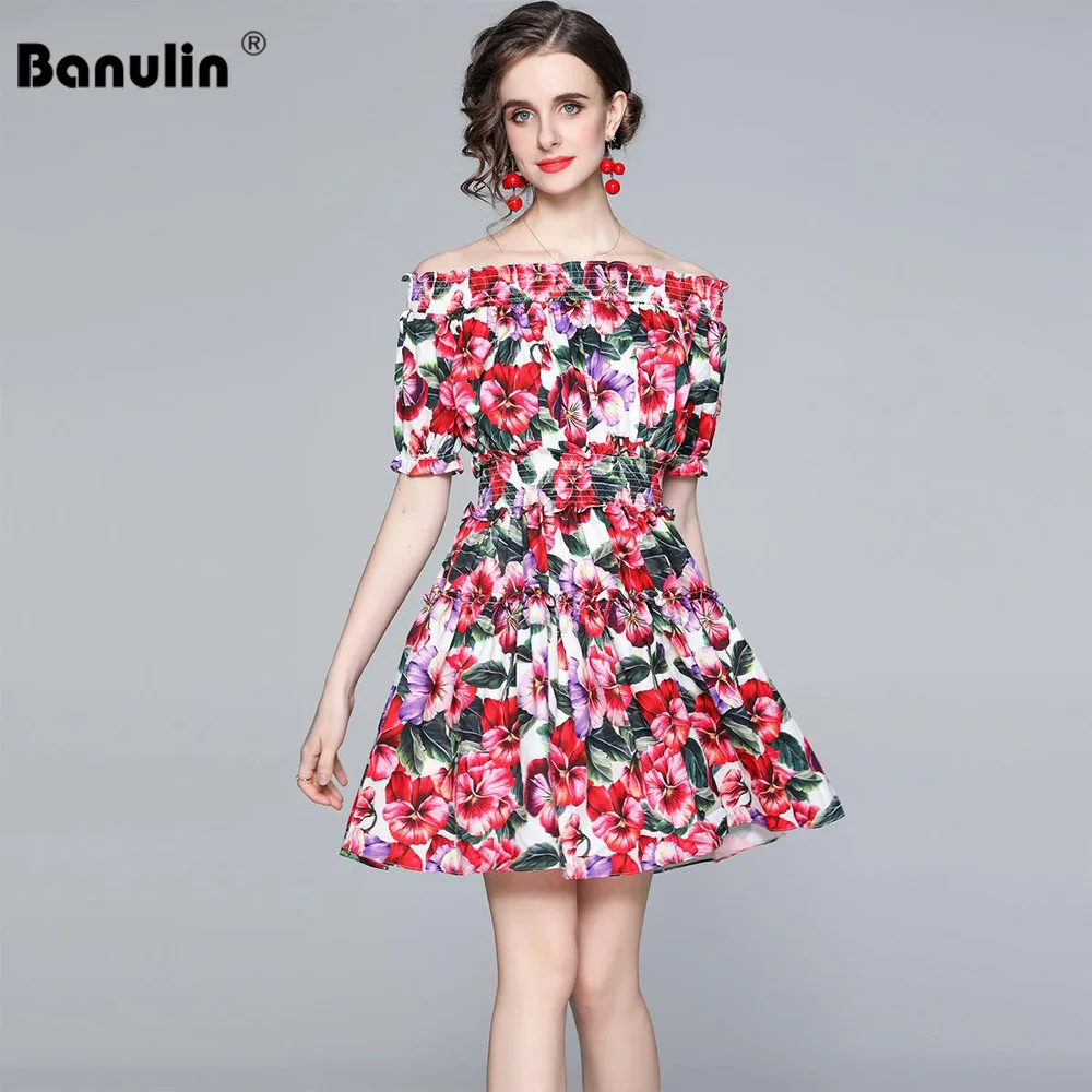 

Summer Runway Puff Sleeve Rose Floral Print Short Dress Women Off Shoulder Elastic Waist Party Robe Beach Boho Dress N78683