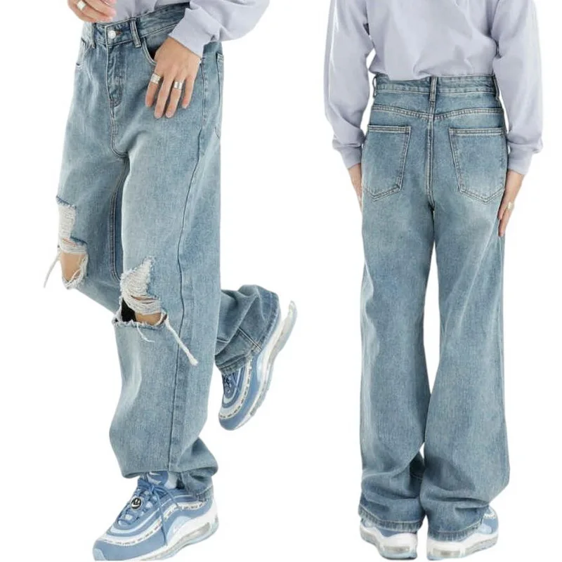Jeans Men Street Ripped Jeans Men's Mopping Pants Loose Wash Straight-Leg  Denim Pants