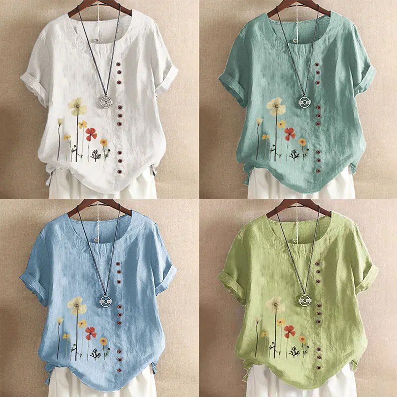 Vintage Women's Printed Blouse 2021  Elegant Summer Tee Shirts Button Cotton Shirt Female Short Sleeve Casual Loose Shirt