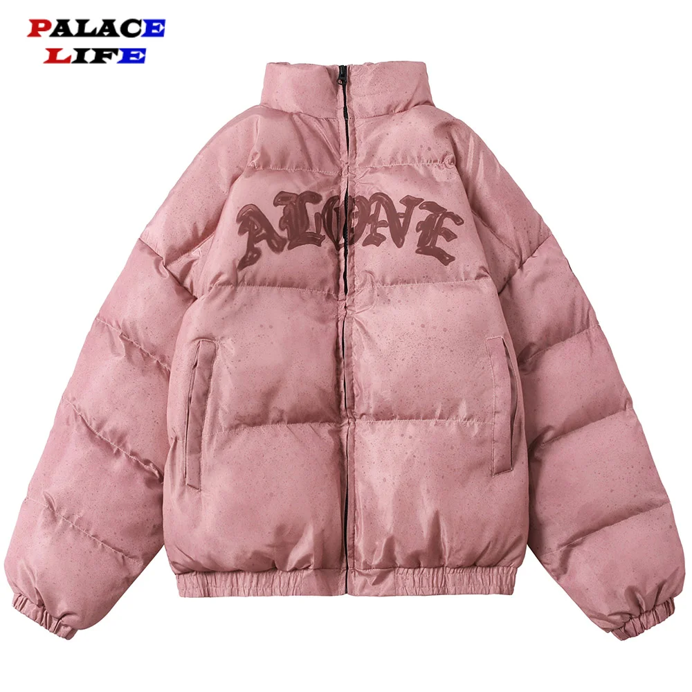 

Winter Harajuku Down Jacket Men Letter Inkjet Embroidery Badge Parkas Warm Thick Stand-collar Coats Oversize Couple Streetwear