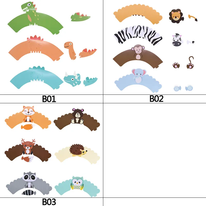 12 шт. обертки для кексов с изображениями мультяшных животных белки, динозавра и обезьяны - украшение для упаковки кексов на детских праздниках, включая детские душы и дни рождения.