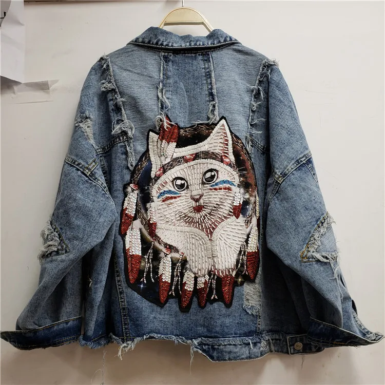 Осенняя Женская ковбойская куртка с бусинами и котом Корейская свободная