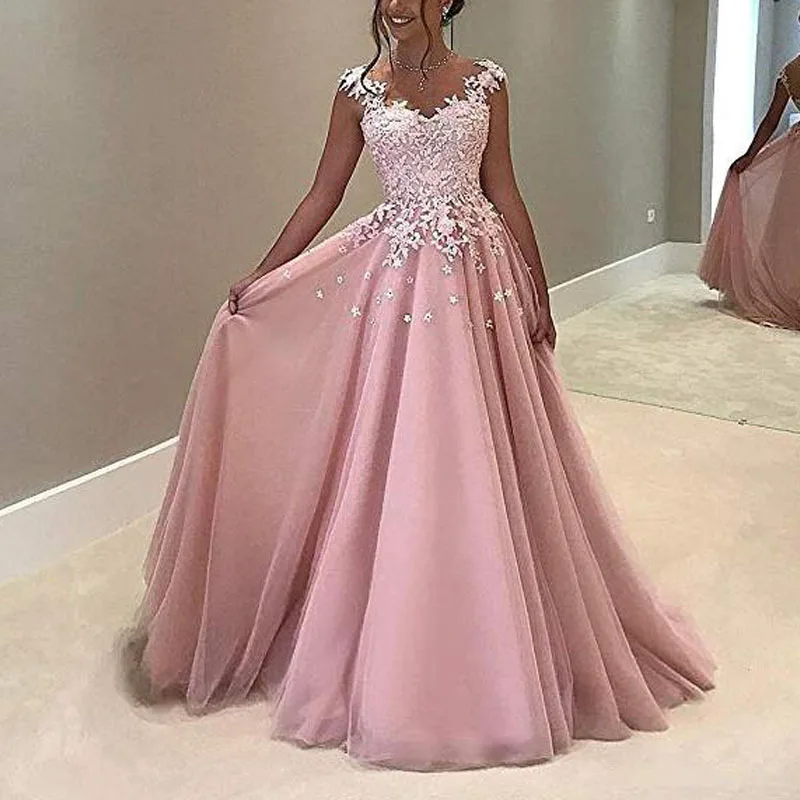 

Cheap Blush Pink Lace Prom Dresses With Appliqued Spaghetti Strap vestidos de fiesta de noche Women Party Gown Prom Plus Size
